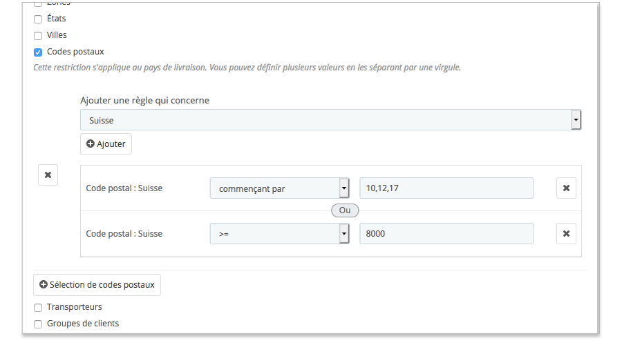 Prestashop : Frais de port par code postal